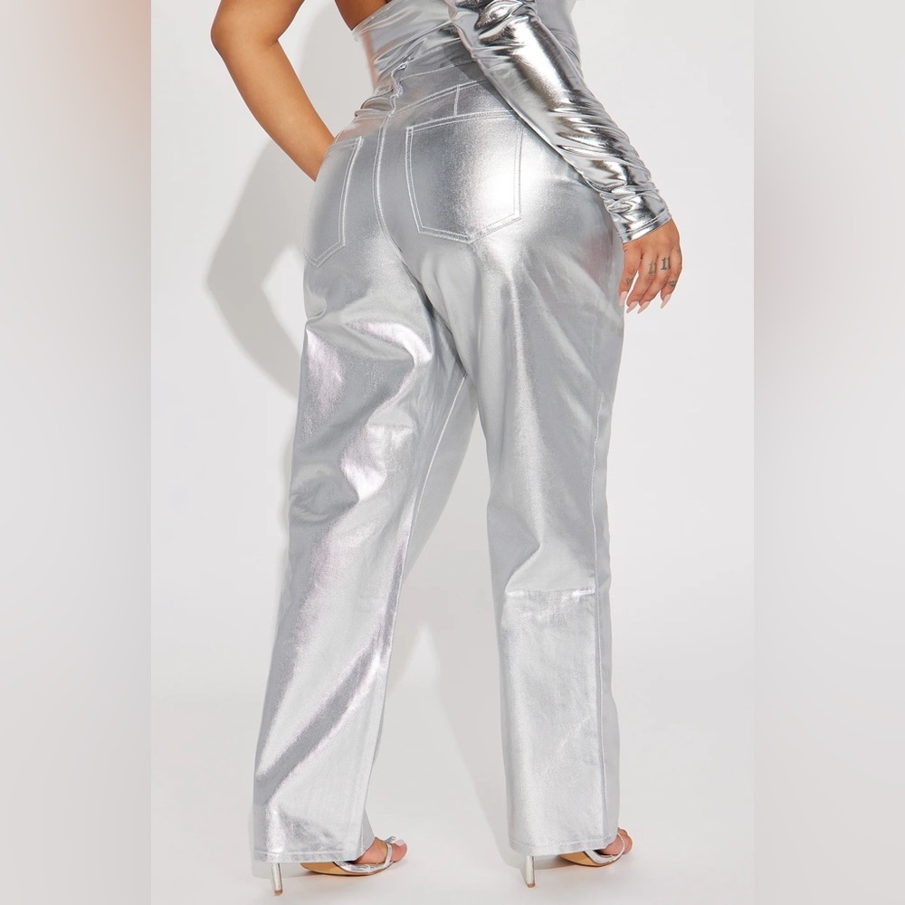 Fashion Nova High-Waist Metallic Silver Wide-Leg Pants